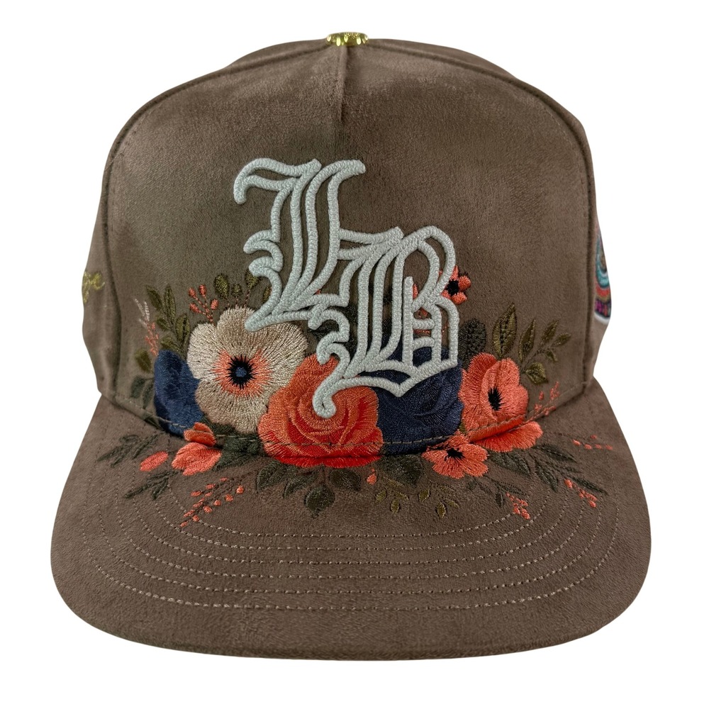 Dreams Dont Sleep Brown Faux Suede Floral Embroidered Snapback Hat 048/111 NEW